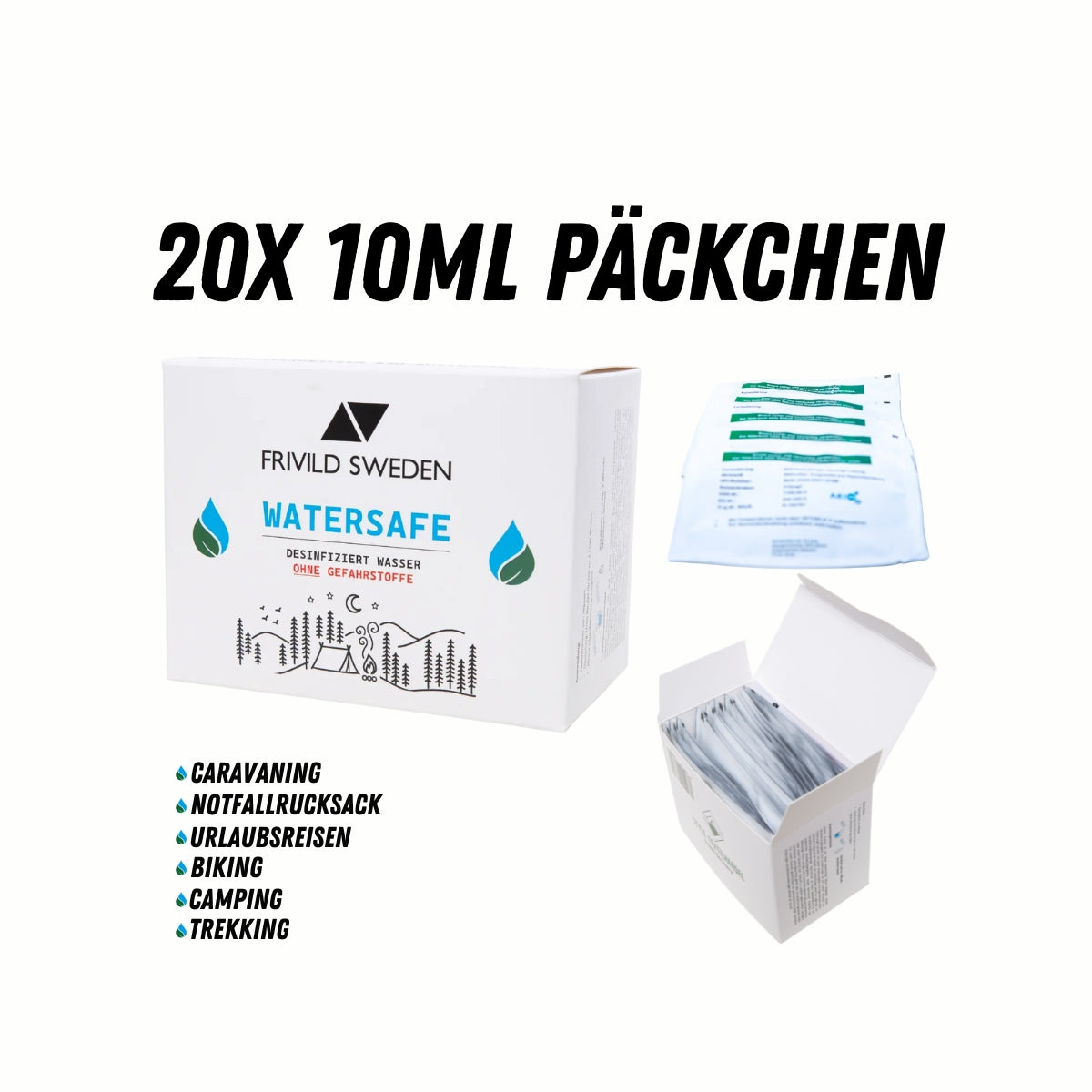 AriOn Watersafe Beutel 20Stk. a 10ml Frivild Sweden Watersafe 375ppm Wasseraufbereitung, Outdoor-Wasserreiniger